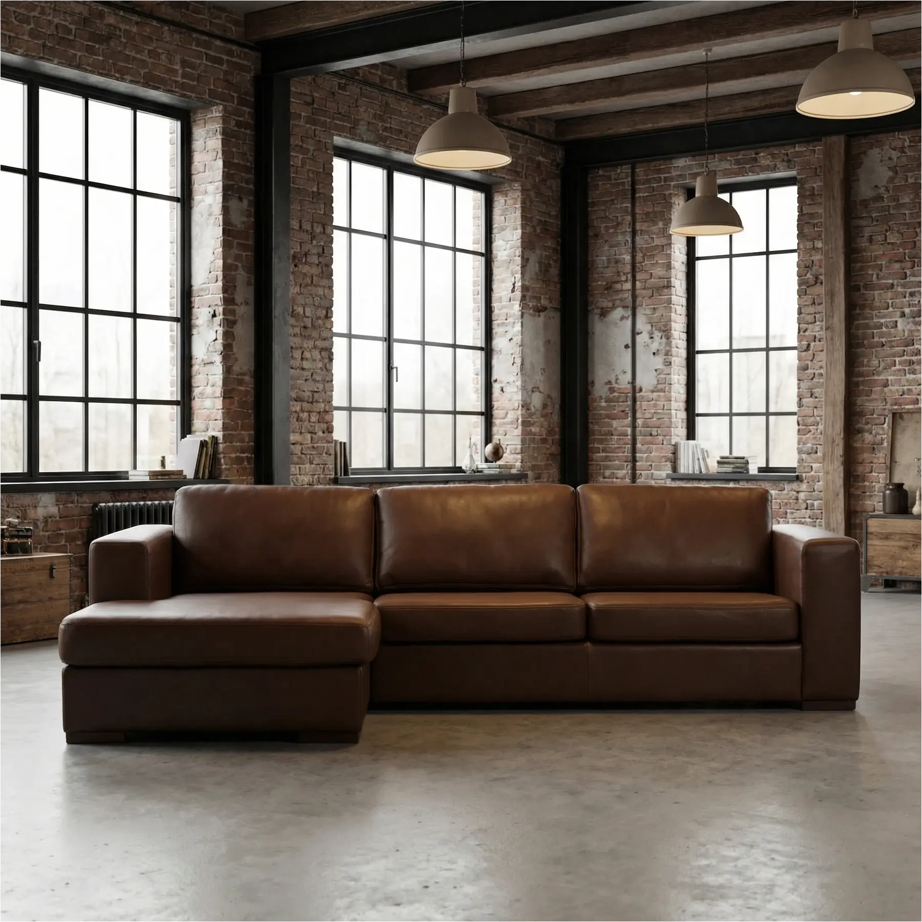 afbeelding van Leren hoekbank Flow - 2 zits arm links + longchair rechts - Elegance Brown (bruin) - Poten hout zwart